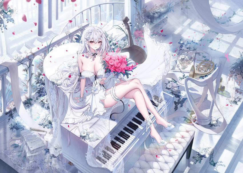 1girl absurdres arm_garter armpit_crease bare_legs bare_shoulders bouquet breasts bridal_veil bright_pupils cello choker cleavage collarbone commission crossed_legs dress flower french_horn frilled_choker frilled_thigh_strap frills grand_piano hair_between_eyes hair_flower hair_ornament high_heels highres holding holding_bouquet incredibly_absurdres instrument large_breasts lilac_(k32420276) long_hair looking_at_viewer original parted_lips petals piano red_eyes rie_(mirae_yang) rose second-party_source shoes sitting sitting_on_piano smile solo strapless strapless_dress thigh_strap thighs veil very_long_hair wedding_dress white_dress white_hair white_shoes wide_shot
