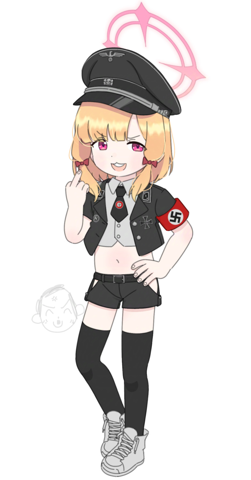 1boy 1girl armband black_cat03 black_hat black_necktie black_shorts black_thighhighs blonde_hair blue_archive crop_top cross doodle_sensei_(blue_archive) halo hat highres hip_vent iron_cross looking_at_viewer middle_finger military_hat momoi_(blue_archive) navel nazi necktie open_mouth pink_eyes pink_halo red_armband reichsadler sensei_(blue_archive) shorts simple_background solo_focus ss_insignia ss_uniform standing swastika thighhighs totenkopf white_background white_footwear