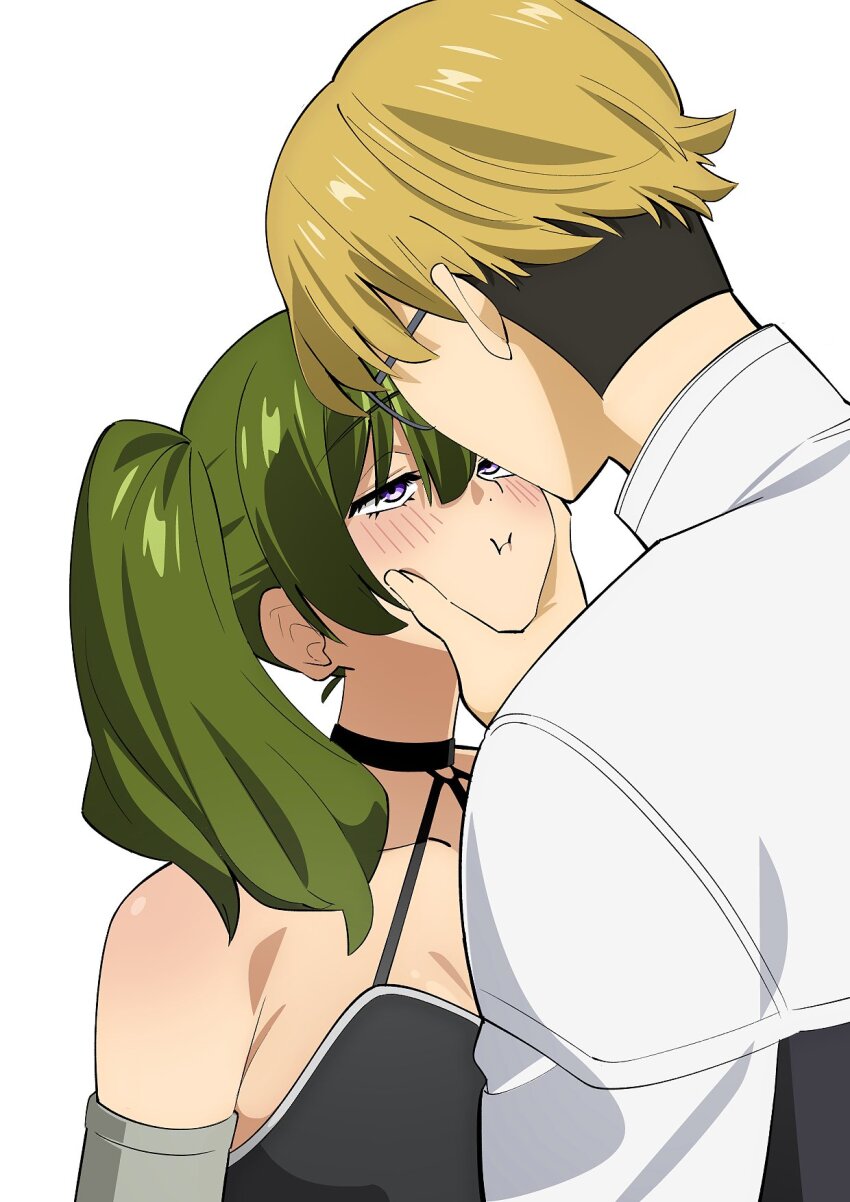 1boy 1girl :i arm_strap blonde_hair blush cheek_squash choker face-to-face from_behind green_hair grey-framed_eyewear half-closed_eyes hand_on_another&#039;s_cheek hand_on_another&#039;s_face highres jitome land_(sousou_no_frieren) long_hair looking_at_another looking_up o-ring o-ring_choker purple_eyes sakura_1110ssmm short_hair simple_background sousou_no_frieren ubel_(sousou_no_frieren) upper_body white_background