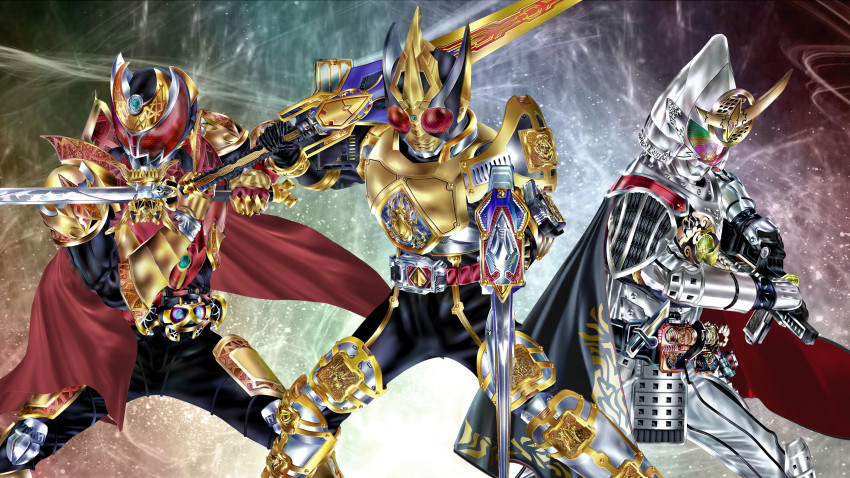 3boys absurdres armor black_cape cape dual_wielding full_armor gold_armor highres holding holding_sword holding_weapon kamen_rider kamen_rider_blade kamen_rider_blade_(king_form) kamen_rider_blade_(series) kamen_rider_gaim kamen_rider_gaim_(kiwami_arms) kamen_rider_gaim_(series) kamen_rider_kiva kamen_rider_kiva_(emperor_form) kamen_rider_kiva_(series) kuzurx male_focus multicolored_eyes multiple_boys red_cape red_eyes sword tokusatsu visor weapon