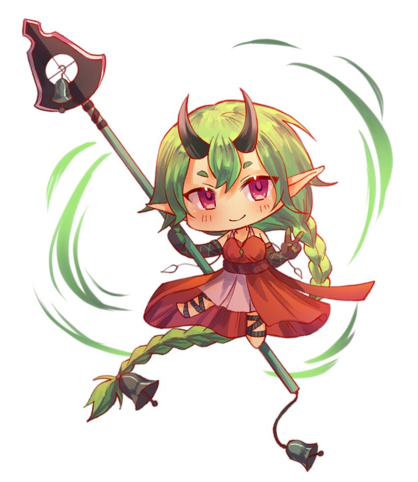 bare_shoulders barefoot bell black_gloves blush braid chibi demon_horns detached_sleeves dress elbow_gloves gem gloves green_gemstone green_gloves green_hair hair_bell hair_ornament highres holding holding_polearm holding_weapon horns jade_(boltclash) jade_pendant kairostier long_hair looking_at_viewer motion_lines original pointy_ears polearm purple_eyes red_dress second-party_source short_eyebrows single_braid spear v weapon white_background