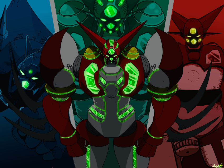absurdres demeyoshi getter-1 getter_dragon getter_robo getter_robo_(classic) getter_robo_g glowing highres horns mecha mecha_focus no_humans robot shin_getter-1 shin_getter_robo signature spikes zoom_layer