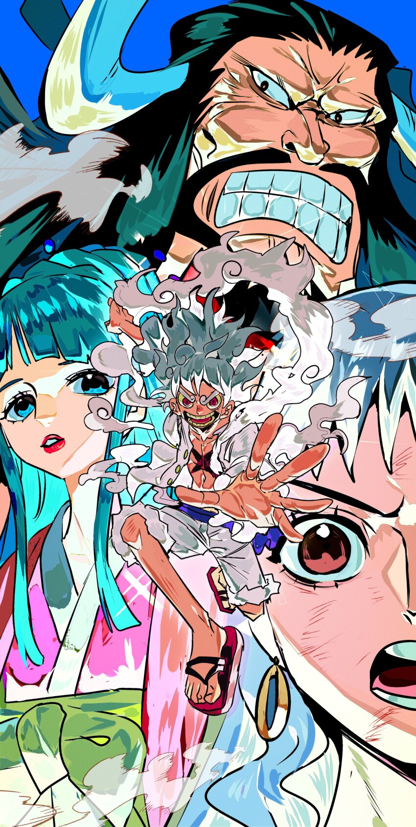 2boys 2girls absurdres aqua_hair beard blue_background blunt_bangs clenched_teeth commentary_request earrings facial_hair father_and_daughter full_body gear_fifth green_sash hagoromo hair_bun highres horns japanese_clothes jewelry kaidou_(one_piece) kimono kouzuki_hiyori looking_at_viewer looking_to_the_side monkey_d._luffy multiple_boys multiple_girls one_piece open_clothes open_shirt pink_kimono red_lips sandals sash scar scar_on_chest shawl shorts sidelocks simple_background smoke teeth thick_eyebrows white_hair white_horns white_shorts xi_luo_an_ya yamato_(one_piece)