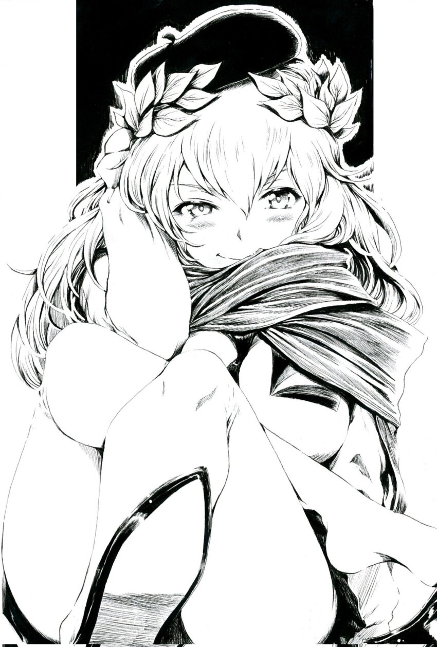 adjusting_hair beret blush breasts carpaccio_(girls_und_panzer) corrupted_twitter_file crossed_legs girls_und_panzer greyscale hat highres long_hair looking_at_viewer monochrome sawamin shawl smile solo tsurime wreath