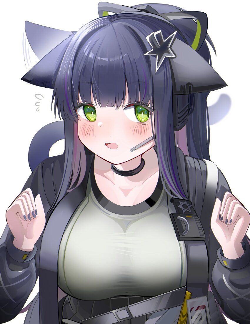 1girl absurdres afterimage animal_ears arknights black_collar black_jacket black_nails blush breasts bright_pupils collar fingernails flying_sweatdrops green_eyes grey_shirt hands_up headset hexagram highres jacket jessica_(arknights) large_breasts long_hair long_sleeves looking_at_viewer motion_lines multicolored_hair nail_polish open_clothes open_jacket open_mouth pink_hair purple_hair purple_tail shirt simple_background solo spam_(spamham4506) star_of_david strap streaked_hair t-shirt tail upper_body white_background white_pupils