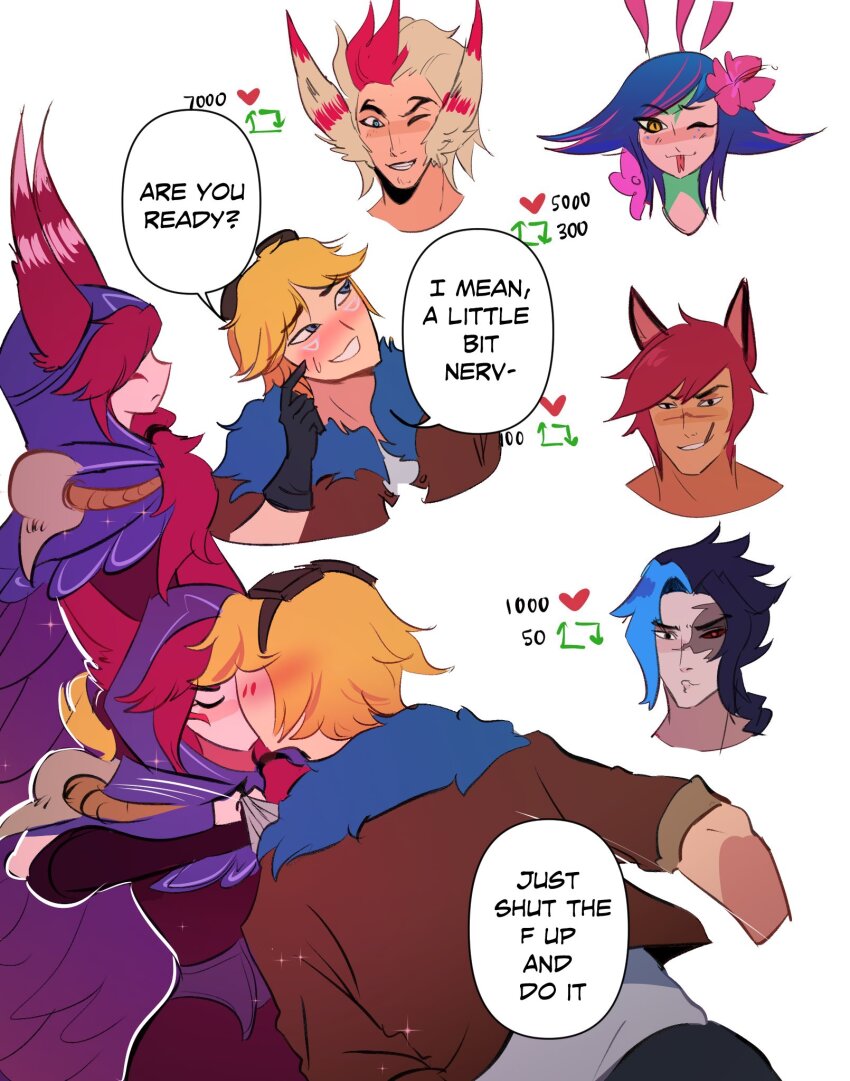 1girl aleriy animal_ears bird_girl blonde_hair blue_eyes blush cape ezreal facial_mark goggles goggles_on_head hair_over_one_eye highres hood jacket kayn_(league_of_legends) kiss league_of_legends neeko_(league_of_legends) pulling_another&#039;s_clothes rakan_(league_of_legends) red_hair sett_(league_of_legends) short_hair xayah
