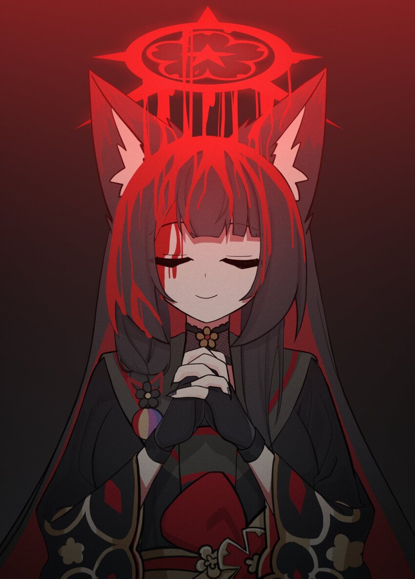 1girl absurdres animal_ear_fluff animal_ears black_gloves black_kimono black_nails black_sailor_collar blood blood_on_face blue_archive closed_eyes closed_mouth colored_inner_hair fingerless_gloves floral_print floral_print_kimono fox_ears fox_girl gloves halo highres japanese_clothes kimono long_hair multicolored_hair own_hands_clasped own_hands_together print_kimono red_halo red_sash sailor_collar sash sidelocks smile snya_ko solo two-tone_hair upper_body wakamo_(blue_archive)