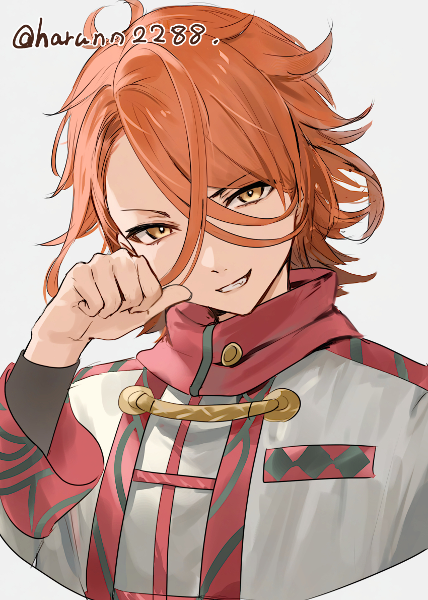 1boy absurdres antenna_hair fire_emblem fire_emblem_engage hair_between_eyes haru_(nakajou-28) highres looking_at_viewer male_focus messy_hair nintendo open_mouth orange_hair pandreo_(fire_emblem) priest red_trim robe smile solo upper_body white_robe yellow_eyes