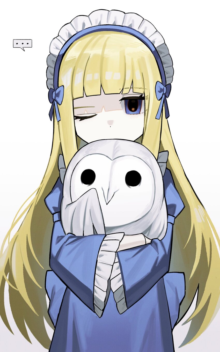 1girl absurdres alice_(black_souls) animal animalization asdf1211950 bird black_souls black_souls_2 blonde_hair blue_dress blunt_bangs doll_alice_(black_souls) dress frilled_sleeves frills highres holding holding_animal holding_bird juliet_sleeves long_hair long_sleeves looking_at_viewer lorde_(black_souls) maid_headdress one_eye_closed owl puffy_sleeves sidelocks simple_background solo very_long_hair white_background wide_sleeves