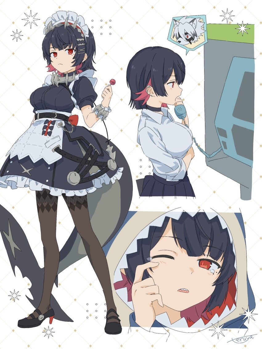 1girl apron black_choker black_dress black_footwear black_hair black_pantyhose black_skirt breasts candy choker closed_mouth collared_shirt colored_inner_hair commentary_request dress earclip ellen_joe fins fish_tail food high_heels highres holding holding_candy holding_food holding_lollipop holding_phone large_breasts lollipop maid_headdress mole mole_on_arm mole_under_eye multicolored_hair multiple_views open_mouth pantyhose parted_lips payphone phone pleated_skirt red_eyes red_hair shark_tail sharp_teeth shirt short_hair short_sleeves skirt sparkle spoken_character tail talking_on_phone tears teeth teruya_(6w6y) von_lycaon waist_apron white_background white_shirt zenless_zone_zero