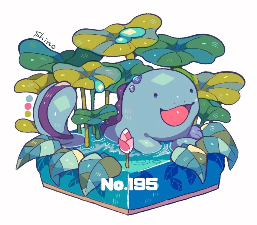 :d artist_name bud color_guide commentary_request faux_figurine flower gen_2_pokemon in_water leaf lotus lotus_leaf nintendo no_humans open_mouth partially_submerged plant pokedex_number pokemon pokemon_(creature) quagsire shino_(shinoru_p) simple_background smile solo water water_drop white_background