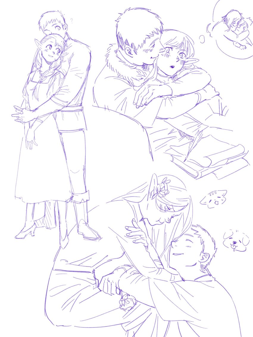 1boy 2girls :o ? ^_^ boots chinese_commentary closed_eyes commentary_request dog dress dungeon_meshi elf falin_touden flower hair_flower hair_ornament hair_over_another&#039;s_face high_heels highres hug hug_from_behind laios_touden light_blush long_hair marcille_donato medium_hair multiple_girls pointy_ears pout shirt short_hair sitting sketch smile speech_bubble thought_bubble white_background y95438370