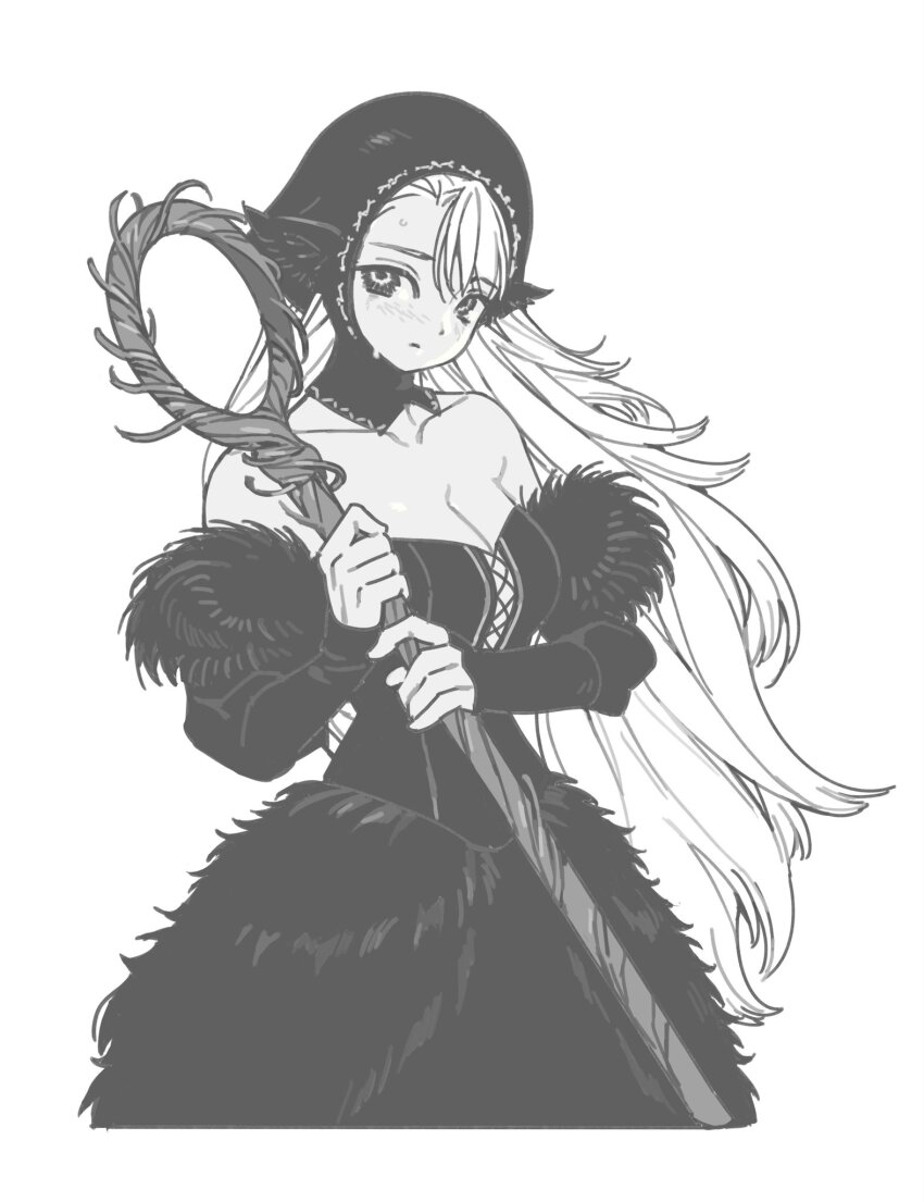 1girl denovo320 dress dungeon_meshi greyscale highres hood marcille_donato marcille_donato_(lord) monochrome solo white_background