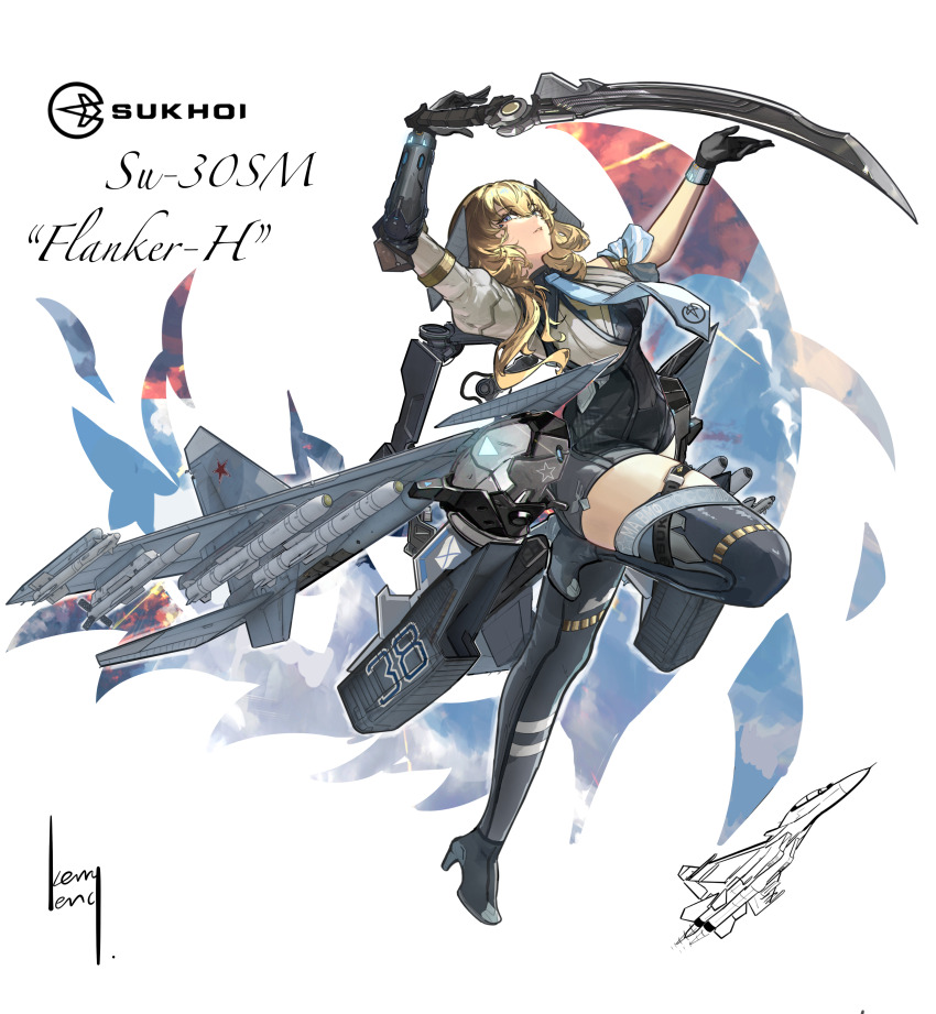 1girl absurdres aircraft airplane blonde_hair character_name fighter_jet full_body gloves high_heels highres holding holding_sword holding_weapon kerry_leng long_hair looking_at_viewer mecha_musume military_vehicle missile original parted_lips personification signature su-30 sword thighhighs war_thunder weapon