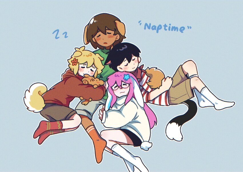 1girl 3boys :3 alternate_costume animal_ears aubrey_(faraway)_(omori) aubrey_(omori) basil_(faraway)_(omori) basil_(omori) bespectacled black-framed_eyewear blonde_hair blue_background blush brown_hair brown_shorts cat_boy cat_ears closed_eyes closed_mouth dark-skinned_male dark_skin dog_boy dog_ears dog_tail flower glasses green_shirt grey_shorts hair_flower hair_ornament highres holding holding_stuffed_toy hood hoodie kel_(faraway)_(omori) kel_(omori) long_sleeves male_focus multiple_boys ni12345670 omori orange_socks parted_lips pink_hair rabbit_ears rabbit_girl rabbit_tail red_hoodie red_socks round_eyewear shirt short_sleeves shorts simple_background smile socks striped_clothes striped_shirt stuffed_animal stuffed_dog stuffed_toy sunny_(omori) t-shirt tail white_hoodie white_socks zzz