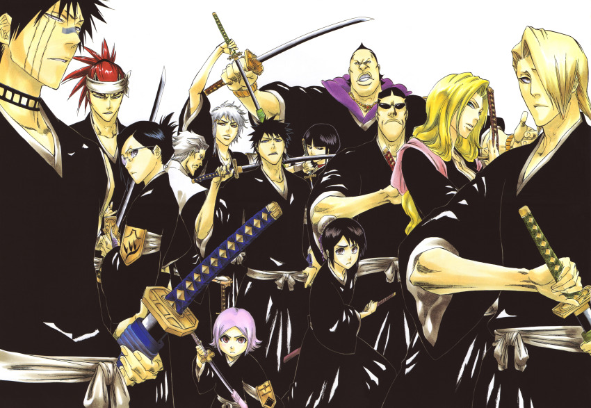 00s 6+boys 6+girls abarai_renji absurdres annotated armband badge belt black_eyes black_hair bleach blonde_hair blue_eyes bracelet breasts brown_eyes bun_cover capelet choker cleaned cleavage everyone facial_hair fukutaichou_badge glasses grimace hair_bun hair_over_one_eye hair_up haori headband highres hinamori_momo hisagi_shuuhei iba_tetsuzaemon ise_nanao japanese_clothes jewelry katana kira_izuru knife kotetsu_isane kubo_tite kurotsuchi_nemu kusajishi_yachiru long_hair matsumoto_rangiku medium_breasts mole mole_under_mouth multiple_boys multiple_girls mustache necklace official_art oomaeda_marechiyo pink_eyes pink_hair purple_eyes red_hair sasakibe_choujirou sash scabbard scan scar sheath shiba_kaien shinigami short_hair short_sword silver_hair single_hair_bun spiked_hair sunglasses sword tanto tantou tattoo unsheathing wakizashi wavy_hair weapon
