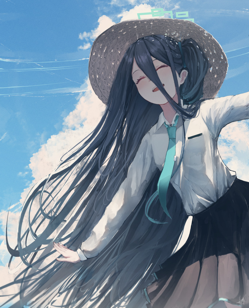 aris_(blue_archive) black_hair black_skirt blue_archive blue_necktie blush closed_eyes cloud hair_between_eyes hat highres kyatto-mikazu long_hair necktie one_side_up open_mouth shirt sidelocks skirt sky straw_hat white_shirt