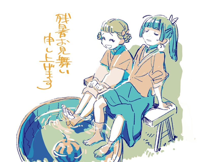 2girls :d ^_^ aoqun arm_support barefoot basin bench bow braid braided_hair_rings brown_hair closed_eyes food foot_bath freckles fruit green_hair green_skirt hair_bow hair_rings hanfu highres kusuriya_no_hitorigoto long_sleeves maomao_(kusuriya_no_hitorigoto) multiple_girls nakatani_yukiko open_mouth ponytail ripples side-by-side sitting skirt sleeves_pushed_up small_sweatdrop smile soaking_feet watermelon xiaolan_(kusuriya_no_hitorigoto) zanshomimai
