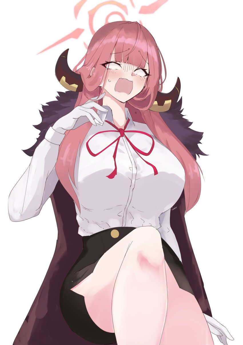 1girl absurdres aru_(blue_archive) black_skirt blue_archive blunt_bangs blush breasts brown_coat coat coat_on_shoulders collared_shirt empty_eyes feet_out_of_frame fur-trimmed_coat fur_trim gloves halo high-waist_skirt highres horns large_breasts long_hair long_sleeves open_clothes open_coat open_mouth pencil_skirt pink_hair s4ika shirt shirt_tucked_in side_slit skirt solo thighs variant_set white_gloves white_shirt