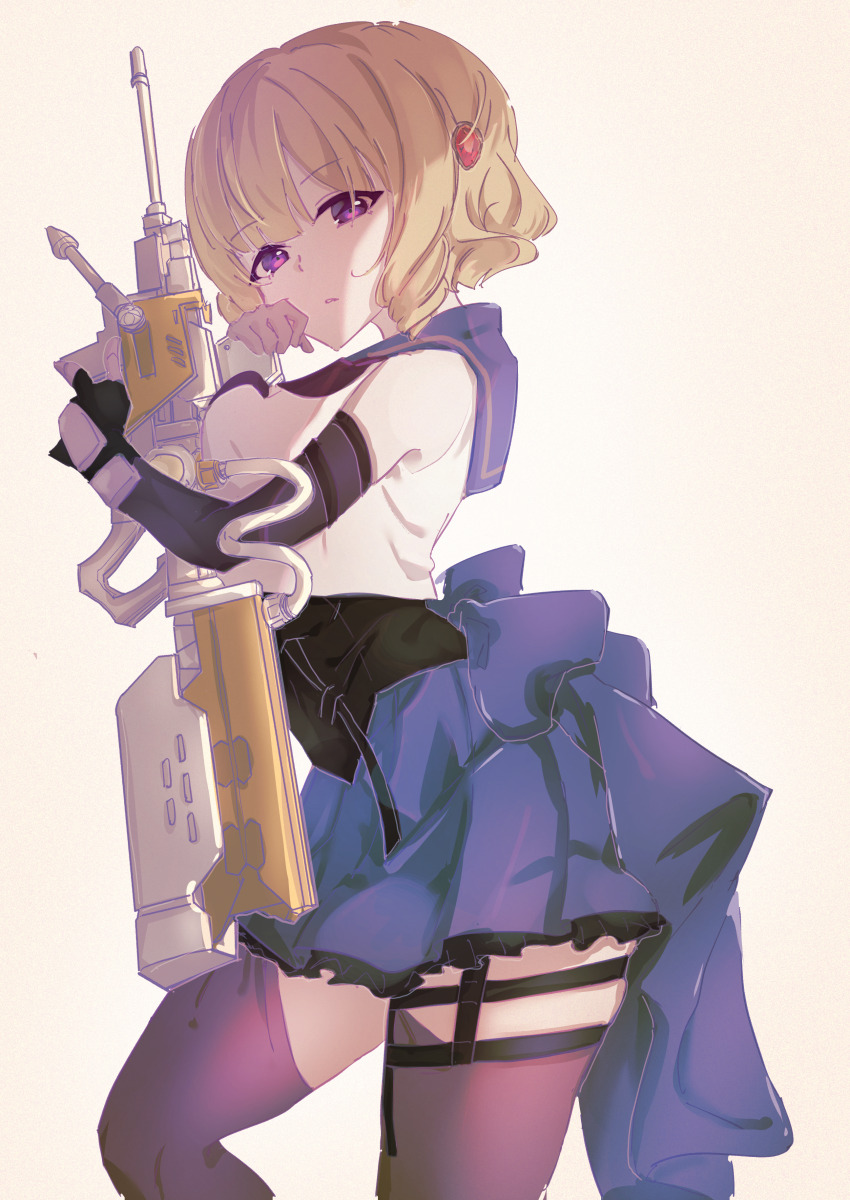 1girl absurdres assault_lily black_gloves black_shirt blonde_hair blue_sailor_collar blue_skirt breast_press breasts brown_background commentary_request crop_top drill_hair drill_sidelocks elbow_gloves fingerless_gloves frilled_skirt frills from_side gauntlets gem gem_hair_ornament gloves gradient_background gun hands_up highres holding holding_gun holding_weapon imamura_yukari_(assault_lily) jiropi looking_at_viewer looking_to_the_side medium_breasts miniskirt neckerchief odaiba_girls_high_school_uniform parted_lips pleated_skirt purple_eyes purple_neckerchief purple_thighhighs red_gemstone sailor_collar school_uniform shade shirt short_hair sidelocks skirt sleeveless sleeveless_shirt solo standing thigh_strap thighhighs undershirt waist_cape weapon white_shirt