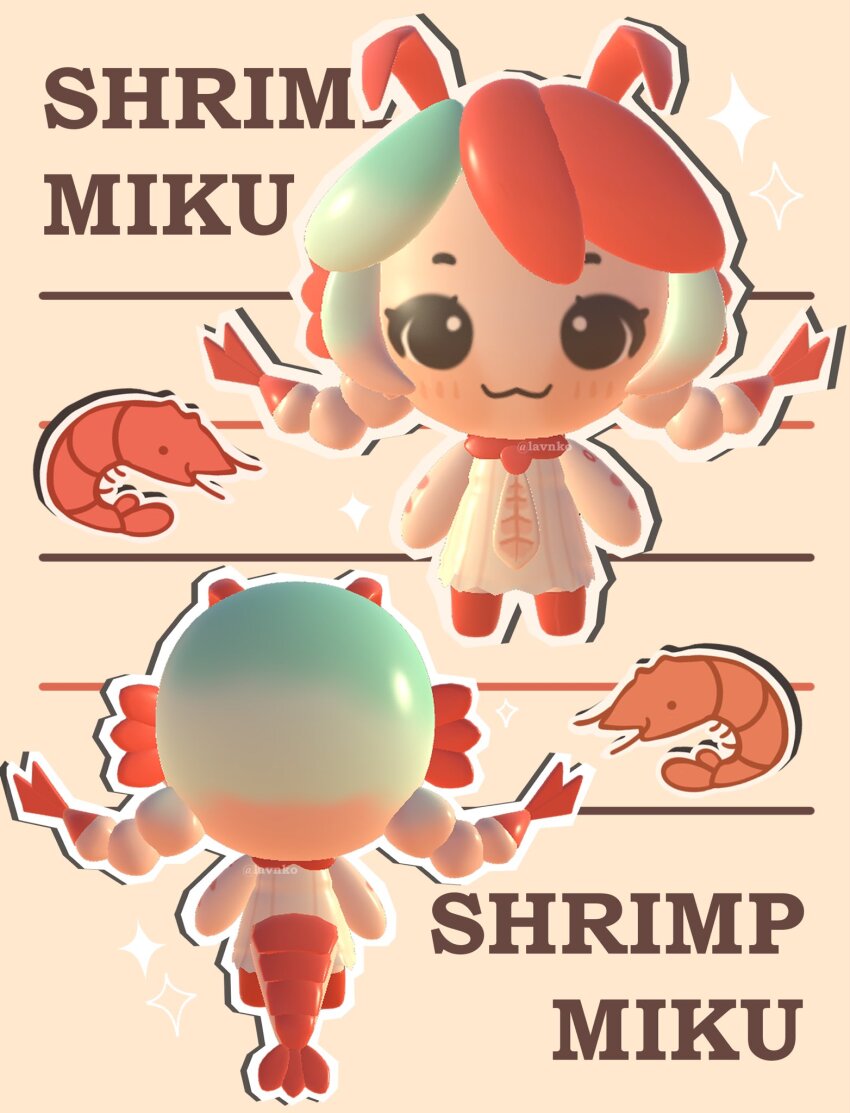1girl 3d :3 alternate_costume alternate_hair_color alternate_hairstyle antennae blush chibi chibi_only dress hatsune_miku highres lavy_(lavnko) necktie shrimp shrimp_girl shrimp_tail twintails vocaloid