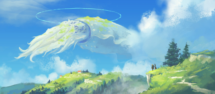 1boy 1girl animal backpack bag cliff cloud day fish flying_fish grass halo highres hill house landscape nature original outdoors oversized_animal ravine rural scenery sky squid suzuke tree wide_shot
