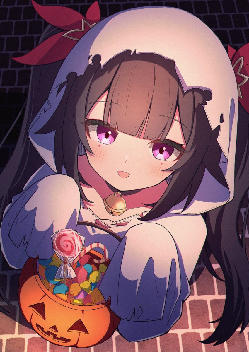 1girl :d bell blunt_bangs blush brick_floor brown_hair candy candy_cane commentary food halloween halloween_bucket halloween_costume hands_up highres holding honkai:_star_rail honkai_(series) hood hood_up lollipop long_hair long_sleeves looking_at_viewer neck_bell open_mouth purple_eyes sasanekomaru sleeves_past_fingers sleeves_past_wrists smile solo sparkle_(honkai:_star_rail) swirl_lollipop twintails wrapped_candy