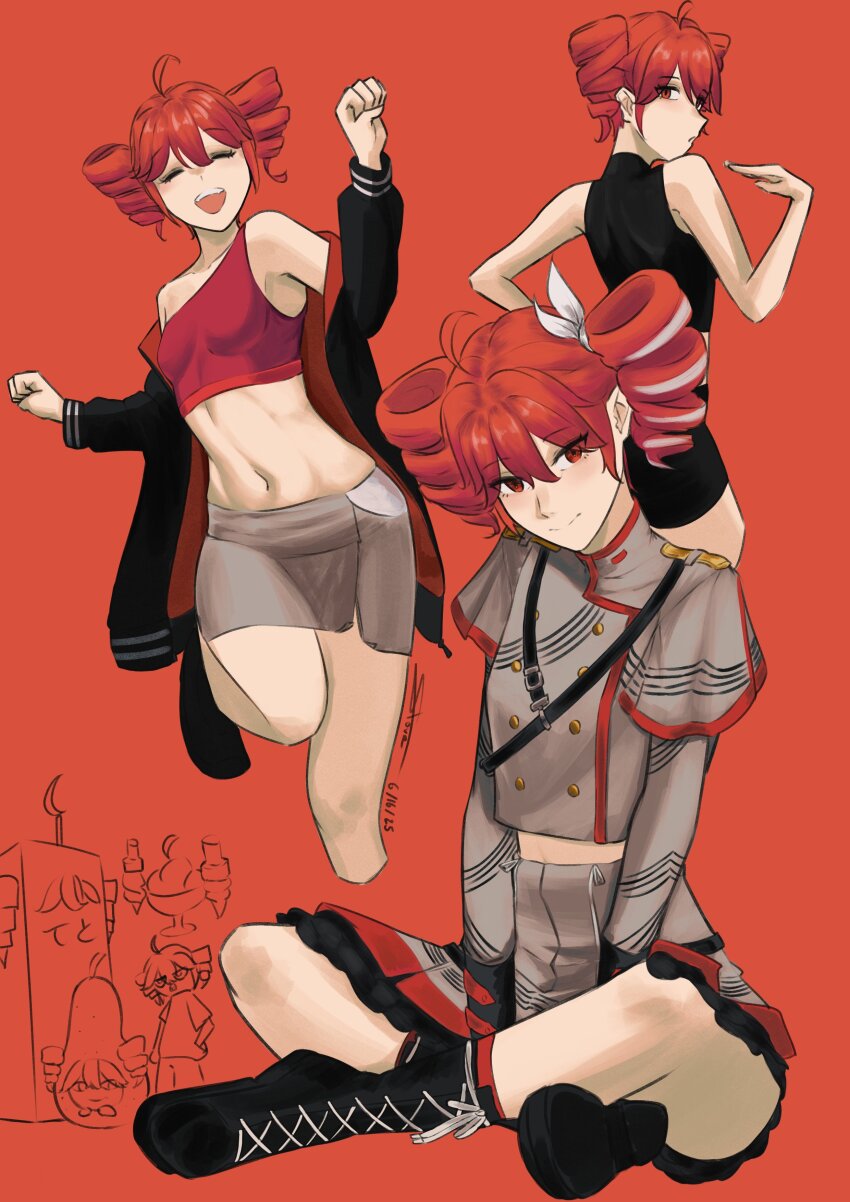 1girl absurdres ahoge alternate_costume ankle_socks armpit_crease bare_shoulders belt black_belt black_dress black_jacket black_sleeve_cuffs boots buttons closed_eyes crop_top double-breasted dress drill_hair dual_persona from_behind grey_skirt hair_between_eyes hand_up head_tilt highres indian_style jacket jacket_partially_removed kasane_teto kasane_teto_(sv) lace-up_boots layered_skirt leg_up light_blush long_sleeves looking_at_viewer looking_back midriff midriff_peek miniskirt multiple_views musical_staff musical_staff_print navel open_mouth pearto red_background red_eyes red_hair red_shirt red_skirt red_socks red_trim shirt shoelaces shoulder_belt shoulder_boards single-shoulder_shirt sitting skirt skirt_set smile socks standing standing_on_one_leg stoveface synthesizer_v twin_drills upper_body utau