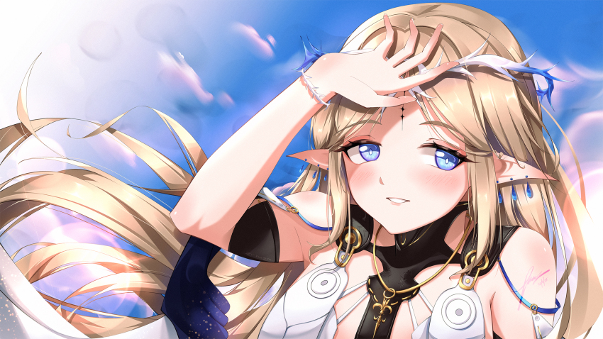 1girl bare_shoulders black_collar blonde_hair blue_eyes blush cartethyia_(wuthering_waves) collar commentary crown_of_thorns earrings english_commentary floating_hair hand_up highres jewelry long_hair looking_at_viewer parted_lips pointy_ears portrait sidelocks signature smile solo tacet_mark_(wuthering_waves) wuthering_waves zrhnzm