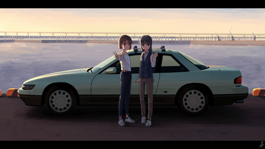 2girls absurdres black_hair blue_eyes bob_cut brown_hair car evening extra fishing grin highres letterboxed long_hair motor_vehicle multiple_girls nissan nissan_silvia nissan_silvia_s13 original pants rudeko32 scenery shirt short_hair smile sports_car standing t-shirt v vehicle_focus vest wide_shot yellow_eyes