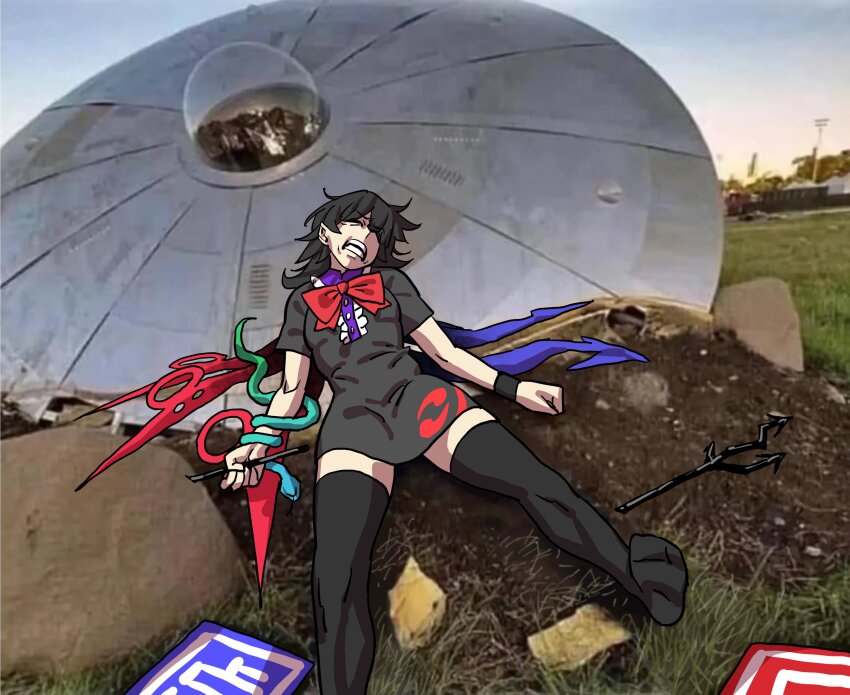 1girl absurdres asymmetrical_wings black_dress black_hair black_thighhighs bow bowtie center_frills commentary dress eddybird55555 english_commentary flying_saucer frills full_body highres houjuu_nue lying medium_hair on_back open_mouth outdoors photo_background polearm red_bow red_bowtie short_sleeves snake_armband solo spacecraft teeth thighhighs touhou trident weapon wings