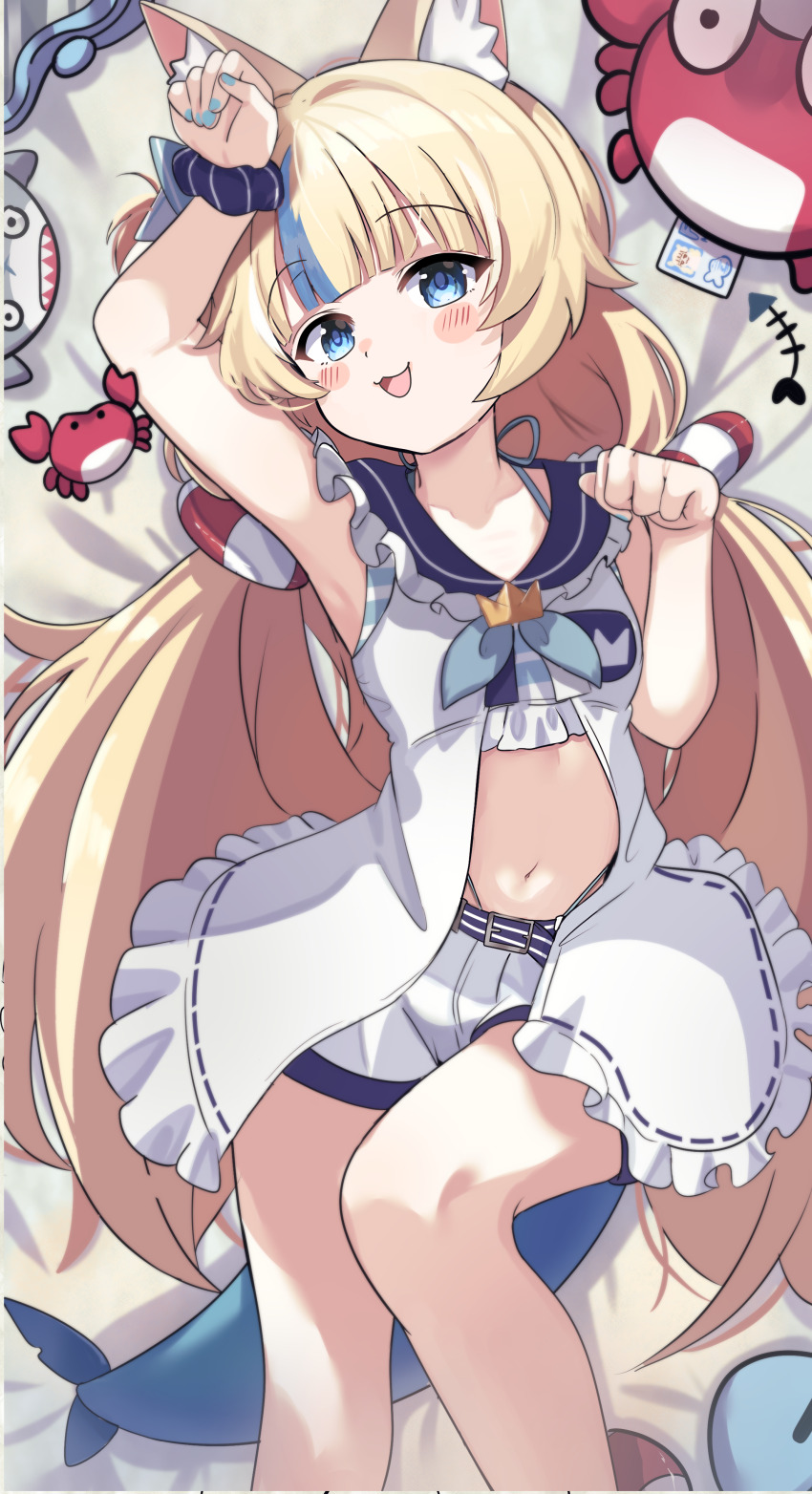 1girl absurdres animal_ear_fluff animal_ears bikini blonde_hair blue_bikini blue_eyes blue_hair blue_nails blush breasts cat_ears fins fish_girl fish_tail highleg highleg_bikini highres id_card indie_virtual_youtuber long_hair looking_at_viewer low_twintails lying multicolored_hair nail_ornament navel on_back open_mouth saabyboi sameko_saba sameko_saba_(fish) short_shorts shorts small_breasts smile solo streaked_hair swimsuit tail twintails very_long_hair virtual_youtuber white_shorts