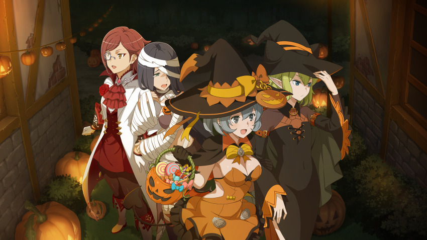 4girls :d animal_ear_headwear anime_coloring arm_belt arm_hug ascot bandage_on_hair bandaged_arm bandaged_neck bandaged_torso bandages belt black_capelet black_dress black_gloves black_hat black_pantyhose blue_eyes blue_hair boots boutonniere bow breasts brown_belt bucket candy capelet cassandra_ilion cleavage closed_mouth coat covered_navel danmachi_battle_chronicle daphne_lauros dress dungeon_ni_deai_wo_motomeru_no_wa_machigatteiru_darou_ka earrings elf eyeliner fake_animal_ears flower food frilled_dress frills game_cg gloves green_hair grey_eyes grey_hair hair_bow hair_over_one_eye halloween halloween_bucket halloween_costume hand_on_headwear hat highres holding holding_another&#039;s_arm holding_bucket jack-o&#039;-lantern jewelry lollipop long_hair makeup medium_breasts monocle monocle_chain multicolored_dress multiple_girls mummy_costume naked_bandage non-web_source official_alternate_costume official_art one_eye_covered open_clothes open_coat open_mouth orange_bow orange_dress pantyhose parted_lips pointy_ears red_ascot red_eyeliner red_flower red_hair red_rose red_shirt red_vest rose ryu_lion scared shirt short_hair sleeveless sleeveless_dress small_breasts smile swirl_lollipop syr_flover teardrop tight_clothes tight_dress trick-or-treating vampire_costume vest white_boots white_coat white_gloves witch witch_hat wrapped_candy yellow_eyes