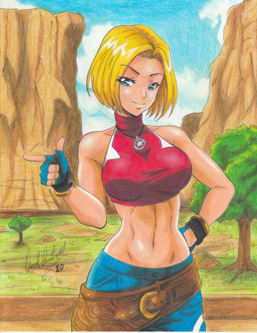 1girl 2020 absurdres armlet bare_shoulders blonde_hair blue_eyes blue_gloves blue_mary breasts buckle cowboy_shot day denim female_focus field fingerless_gloves gloves highres jeans jewelry large_breasts midriff mountain navel necklace pants pointing_at_side ravernclouk_design red_top rock seductive_smile short_hair sleeveless smile snk solo star_(symbol) star_necklace the_king_of_fighters toned traditional_media tree turtleneck_crop_top