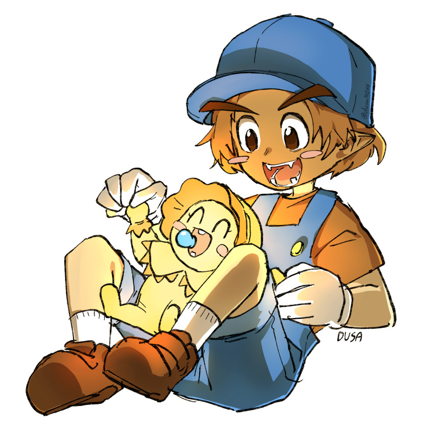 1boy 1girl :d ^_^ baby blue_hat blue_overalls blush_stickers bonnet buck_teeth closed_eyes commentary_request dark_skin dusa fangs goomba goombario hat highres humanization korean_commentary lil_sparky mario_(series) nintendo onesie open_mouth overalls pacifier paper_mario paper_mario_64 pointy_ears red_shirt shirt short_sleeves signature smile socks teeth twitter_username watt_(paper_mario) white_background white_socks