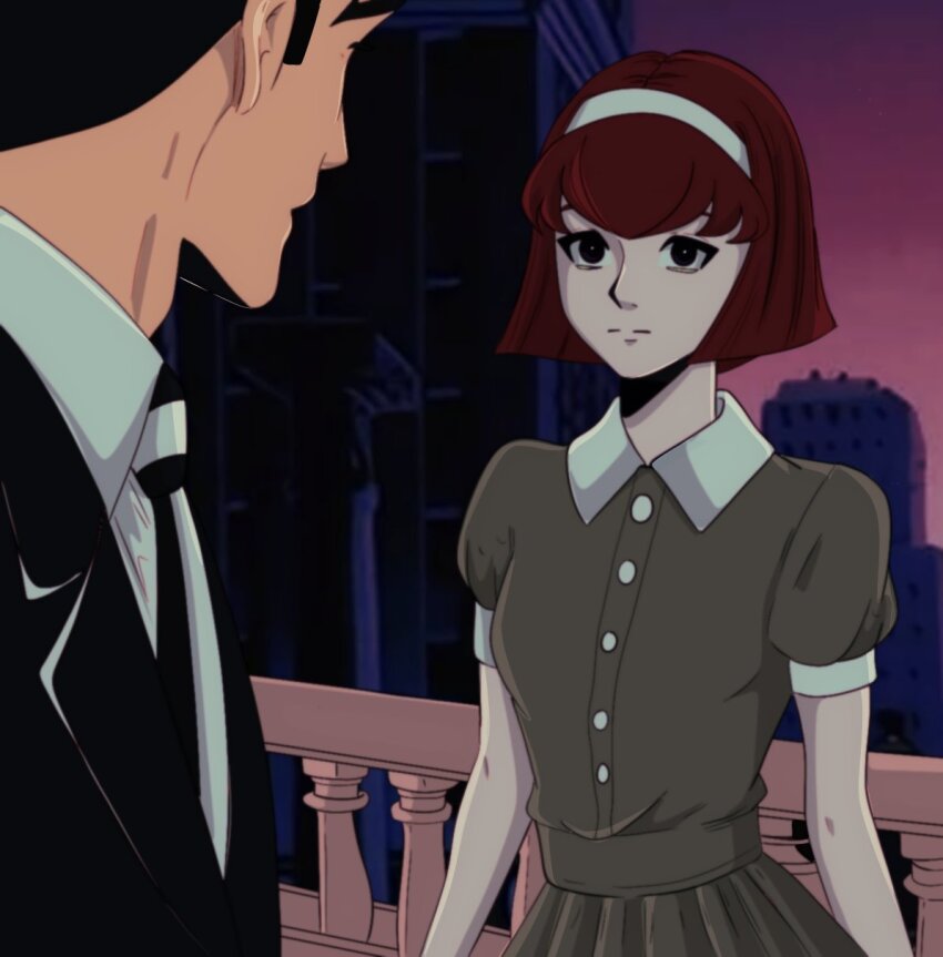 1boy 1girl bags_under_eyes black_hair building buttons closed_mouth collared_dress dress grey_dress hairband highres looking_at_another megadeus_mommy necktie outdoors pale_skin parted_lips pink_sky r_dorothy_wayneright railing red_hair roger_smith short_hair short_sleeves sideburns sky skyscraper striped_necktie the_big_o white_hairband