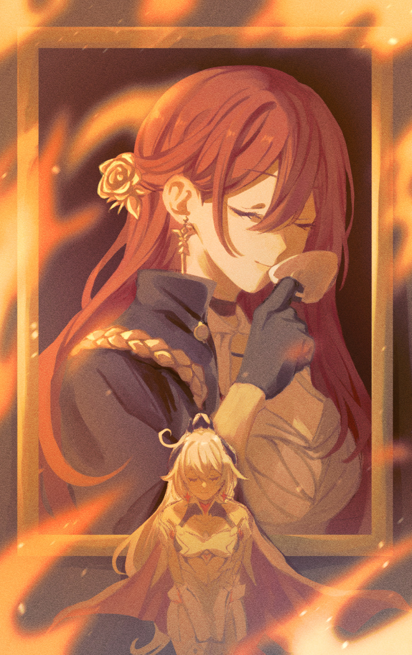 2girls ahoge bare_shoulders black_coat black_gloves breasts cape closed_eyes closed_mouth coat commentary_request company_connection crown cup dress drinking earrings elan_ouo embers fire gloves highres himeko_(honkai:_star_rail) honkai:_star_rail honkai_(series) honkai_impact_3rd jewelry kiana_kaslana kiana_kaslana_(herrscher_of_flamescion) large_breasts long_hair mug multiple_girls painting_(object) red_hair standing teacher_and_student v_arms white_dress white_hair