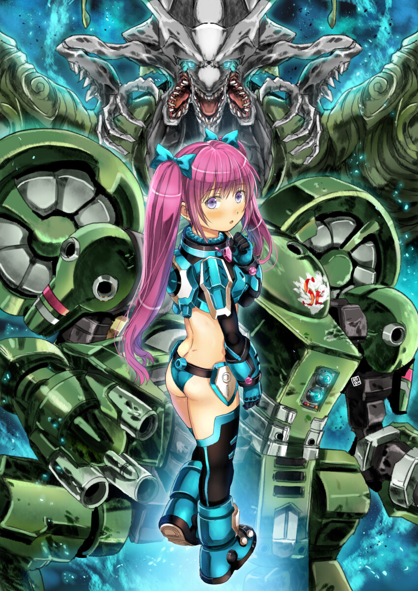 1girl :o absurdres arm_cannon ass back black_gloves black_thighhighs blue_eyes blue_footwear blue_gloves blue_panties blush boots bow butt_crack divergence_eve extra_mouth garimpeiro gloves glowing glowing_eyes hair_behind_ear hair_bow highres kotoko_01 long_hair looking_at_viewer mecha monster open_hands panties purple_eyes purple_hair robot science_fiction thighhighs twintails two-tone_gloves underwear very_long_hair weapon