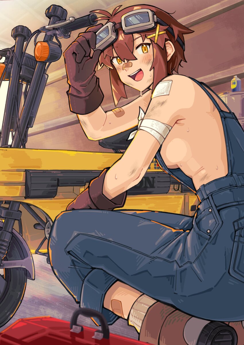 1girl :d absurdres adjusting_eyewear bandaged_arm bandages bandaid bandaid_on_arm bandaid_on_face bandaid_on_nose blue_overalls blush breasts brown_gloves brown_hair denim dirty dirty_face eyewear_on_head garage gloves goggles goggles_on_head hair_ornament highres honda_motocompo indoors kokuya_(kokuya28) looking_at_viewer naked_overalls no_bra open_mouth orange_eyes original overalls scratches sideboob smile sweat toolbox x_hair_ornament