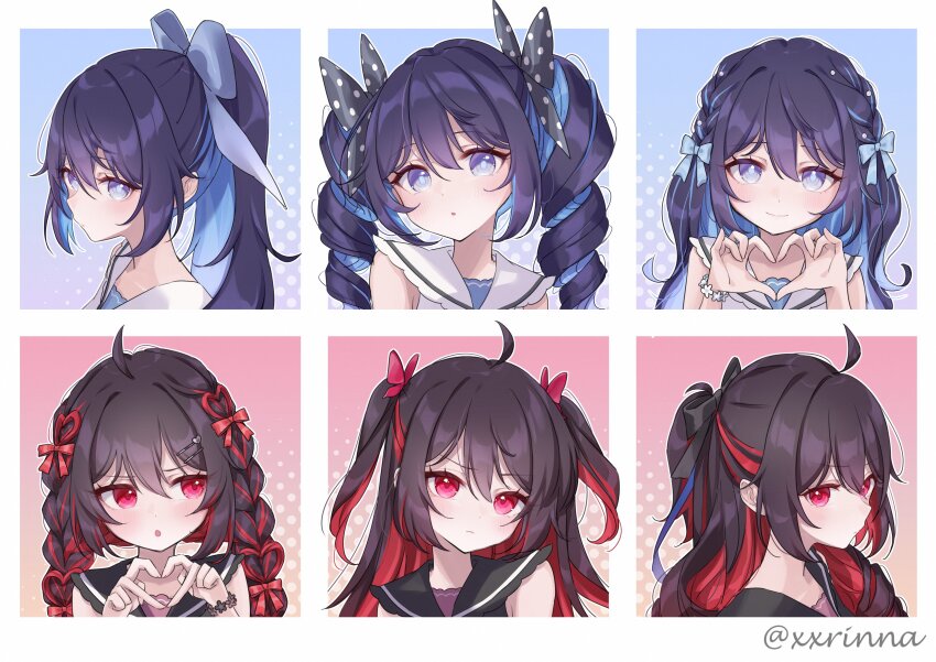 2girls :o absurdres black_bow black_hair black_sailor_collar blue_bow blue_hair blush bow braid brown_hair butterfly_hair_ornament closed_mouth commentary_request dress hair_between_eyes hair_bow hair_ornament heart heart_hands highres honkai_(series) honkai_impact_3rd multiple_girls multiple_views parted_lips polka_dot polka_dot_bow purple_eyes red_eyes red_hair rinna_(xxrinna) sailor_collar seele_(alter_ego) seele_vollerei sleeveless sleeveless_dress smile twin_braids twintails twitter_username two_side_up white_dress white_sailor_collar