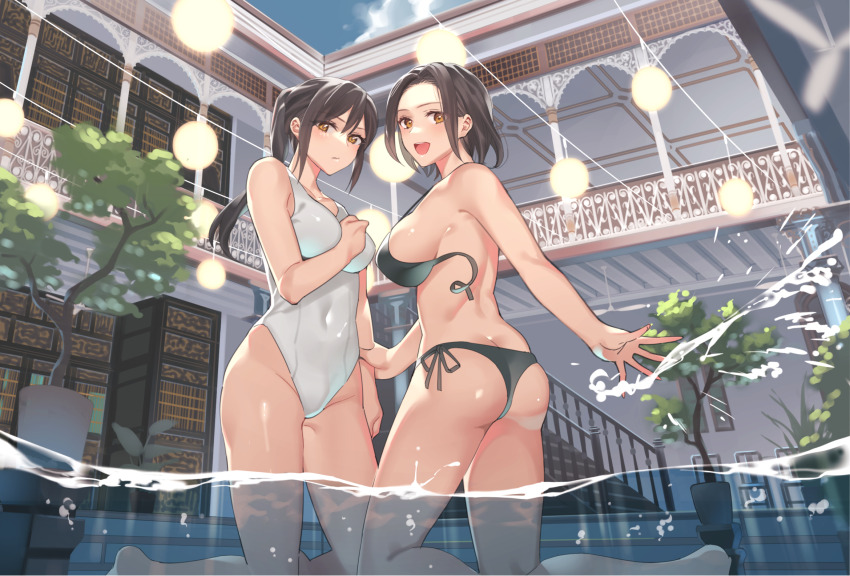 2girls :d ass bikini black_bikini breasts brown_hair butt_crack closed_mouth cloud commentary_request competition_swimsuit covered_navel day duplicate feet_out_of_frame from_below from_side hair_between_eyes hand_on_another&#039;s_arm hand_on_own_chest hand_up highres kitazawa_(embers) kneeling large_breasts looking_at_viewer looking_to_the_side medium_breasts multiple_girls one-piece_swimsuit open_mouth original outdoors ponytail pool revision shiny_skin short_hair side-tie_bikini_bottom sky smile splashing stairs swimsuit teeth tree untied_bikini upper_teeth_only water white_one-piece_swimsuit yellow_eyes