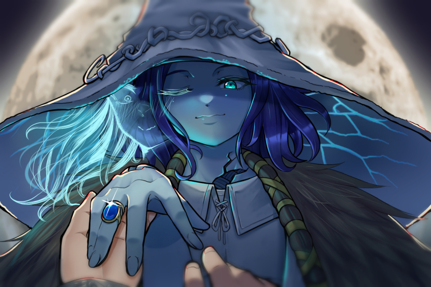 1girl 1other ambiguous_gender aqua_eyes blue_hair blue_skin blush brown_cloak cloak colored_skin commentary_request cracked_skin dress elden_ring extra_faces fingernails fur_cloak hat holding_hands jewelry large_hat long_hair looking_at_viewer mixed-language_commentary moon one_eye_closed pov pov_hands ranni_the_witch ring smile tarnished_(elden_ring) wedding_ring white_dress witch ys_doggy