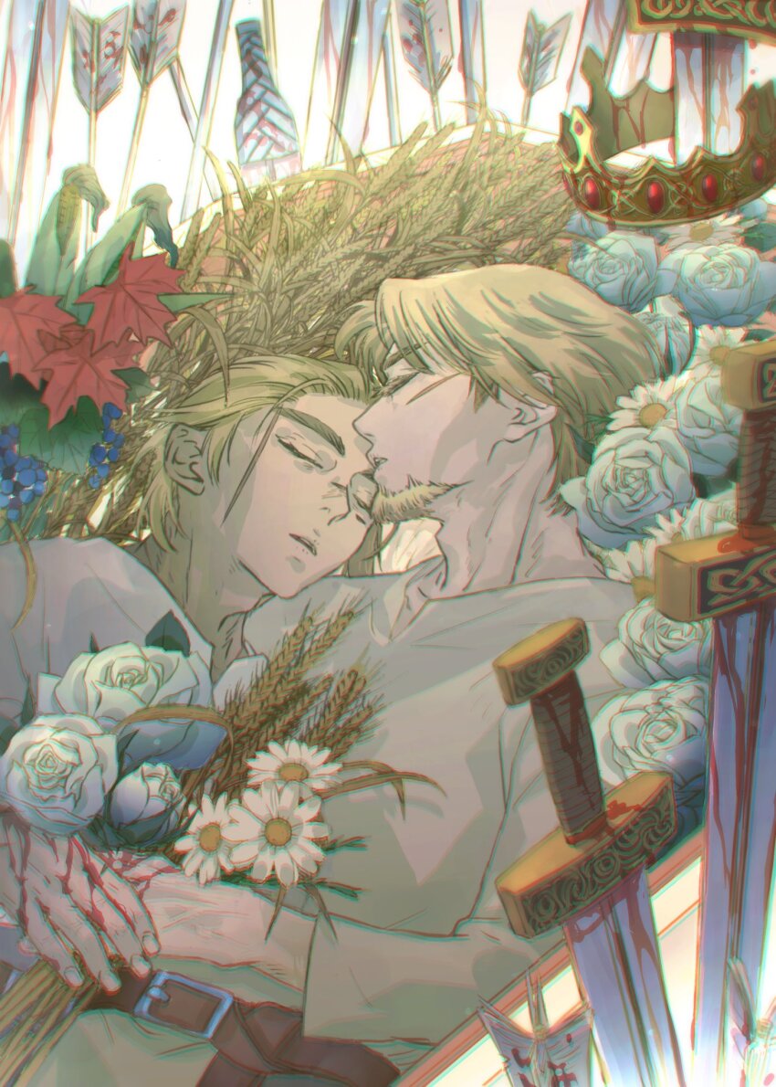 2boys adam&#039;s_apple arrow_(projectile) beard belt blonde_hair blood bloody_weapon buckle canute closed_eyes coffin corpse crown dagger eyelashes facial_hair facial_scar flower highres king knife lying male_focus multiple_boys multiple_scars parted_lips scar scar_on_cheek scar_on_face scar_on_nose spring_deers sword teeth thorfinn upper_teeth_only viking vinland_saga weapon wheat white_flower yaoi