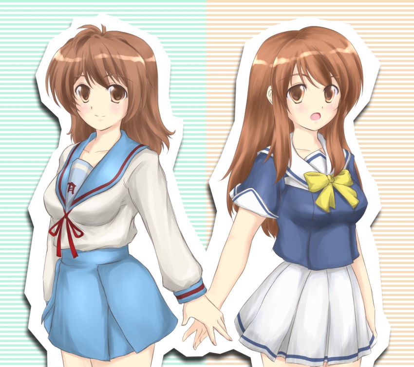 asahina_mikuru back-to-back brown_eyes brown_hair cosplay costume_switch crossover gotou_yuuko hibana_junkei highres long_hair school_uniform serafuku sorairo suzumiya_haruhi_no_yuuutsu tomosaka_tsubame voice_actor_connection