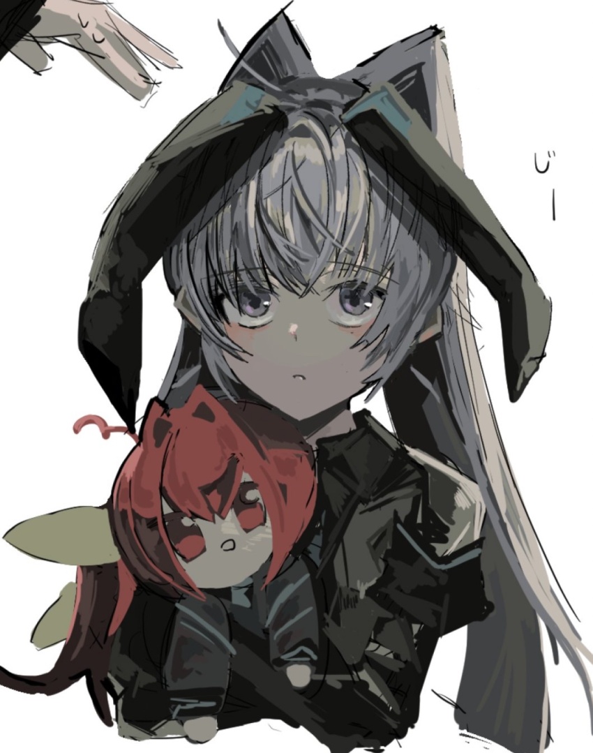 1boy 1girl ahoge animal_ears black_dress black_shirt blush character_doll crossed_bangs doll dress fake_animal_ears grey_eyes grey_hair hair_intakes highres holding hugging_doll hugging_object imminent_headpat kagami_sumika long_hair long_sleeves muv-luv muv-luv_alternative omurice9_(mw0zotwrgu47128) out_of_frame puffy_sleeves rabbit_ears red_eyes red_hair ribbon shirogane_takeru shirt solo_focus twintails yashiro_kasumi yellow_ribbon