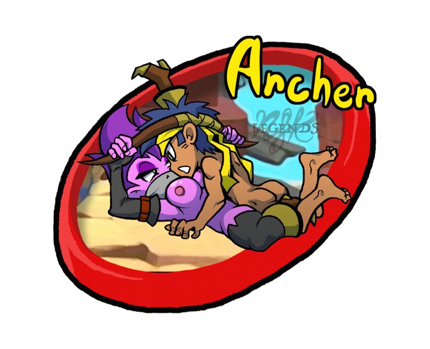 1boy 1girl archer_(shantae) blue_skin bolo_(shantae) boots chibi clothed_sex colored_skin femdom gloves hetero high_heel_boots high_heels highres legendsnjk lying nude on_back shantae_(series) vaginal