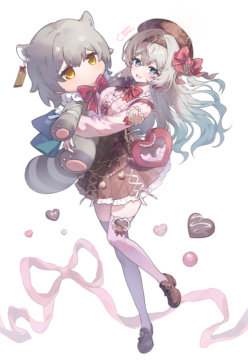 1girl absurdres alternate_costume artist_name blue_eyes blush bow bow_earrings bowtie breasts brown_hairband brown_hat brown_shoes brown_skirt candy center_frills character_doll chocolate chocolate_heart commentary_request creamsoda doll earrings firefly_(honkai:_star_rail) food frills full_body gradient_hair green_hair green_pupils grey_hair hairband hat hat_bow heart heart-shaped_bag heart-shaped_food highres holding holding_doll honkai:_star_rail honkai_(series) jewelry large_breasts loafers long_hair long_sleeves multicolored_eyes multicolored_hair objectification open_mouth pink_bow pink_bowtie pink_eyes pink_ribbon pink_shirt pink_thighhighs ribbon shirt shoes simple_background skirt smile solo stelle_(honkai:_star_rail) thighhighs trailblazer_(honkai:_star_rail) two-tone_eyes white_background