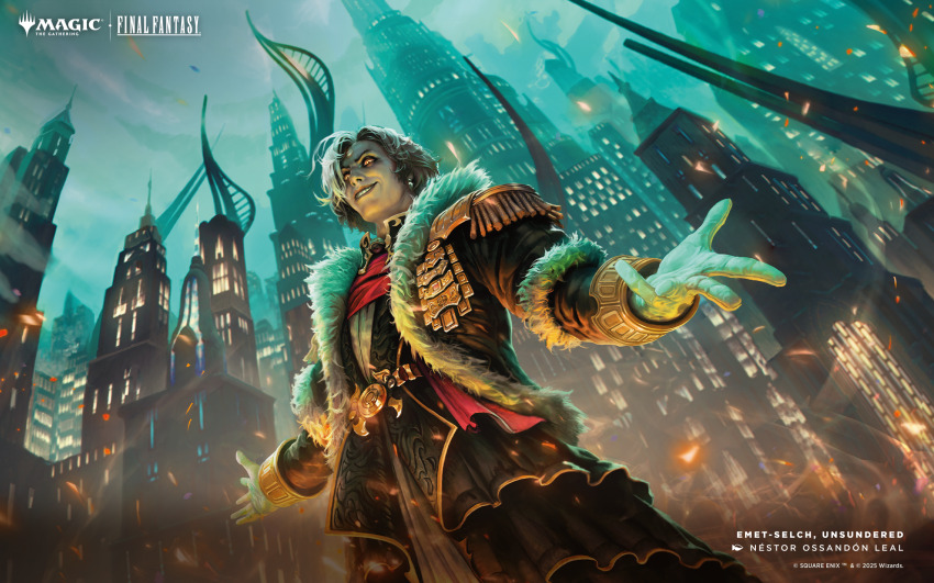 1boy amaurot artist_name brown_hair building character_name coat copyright_name copyright_notice emet-selch epaulettes final_fantasy final_fantasy_xiv fire from_below fur-trimmed_coat fur_trim garlean gloves highres long_sleeves looking_at_viewer magic:_the_gathering male_focus multicolored_hair nestor_ossandon official_art short_hair skyscraper sleeve_cuffs solo third_eye two-tone_hair white_gloves white_hair yellow_eyes
