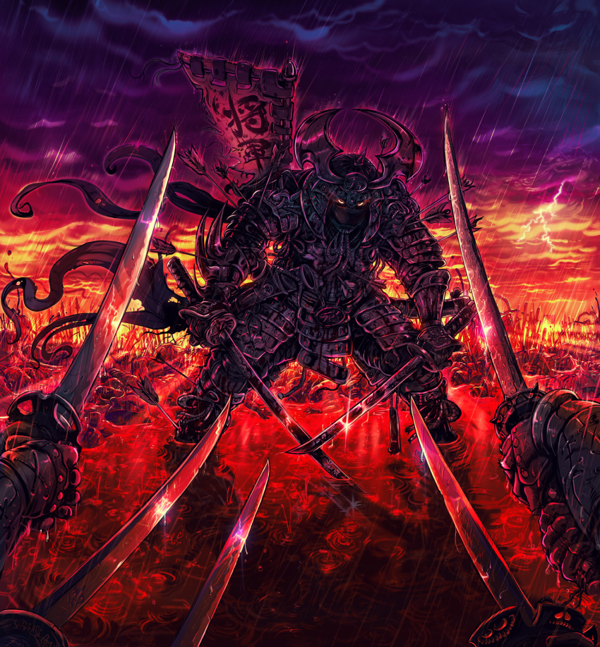 1boy armor arrow_(projectile) arrow_in_arm arrow_in_armor arrow_in_body arrow_in_leg banner battle battlefield blood blood_on_clothes blood_splatter bodies broken_armor cloud cloudy_sky commentary death dual_wielding epic field_of_blades flag glowing glowing_eyes helm helmet highres holding holding_sword holding_weapon japanese_armor kabuto_(helmet) katana kote kusazuri lightning looking_at_viewer mask mouth_mask multicolored_sky original partially_submerged planted planted_sword planted_weapon pointing_melee_weapon pointing_sword pov rain ripples samurai sashimono shadman shikoro shoulder_armor sky sode standing sword thunder torn_clothes torn_flag wading war weapon yellow_eyes