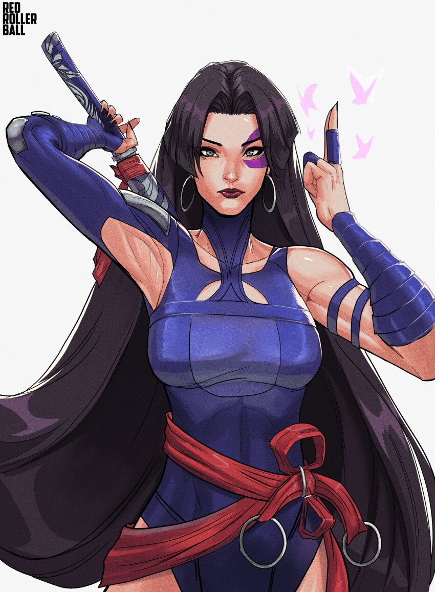 1girl armpits blue_eyes breasts gloves highleg highleg_leotard highres holding holding_sword holding_weapon leotard long_hair looking_at_viewer marvel marvel_rivals psylocke psylocke_(vengeance) purple_eyes purple_hair redrollerball12 sash short_hair smile solo sword weapon x-men